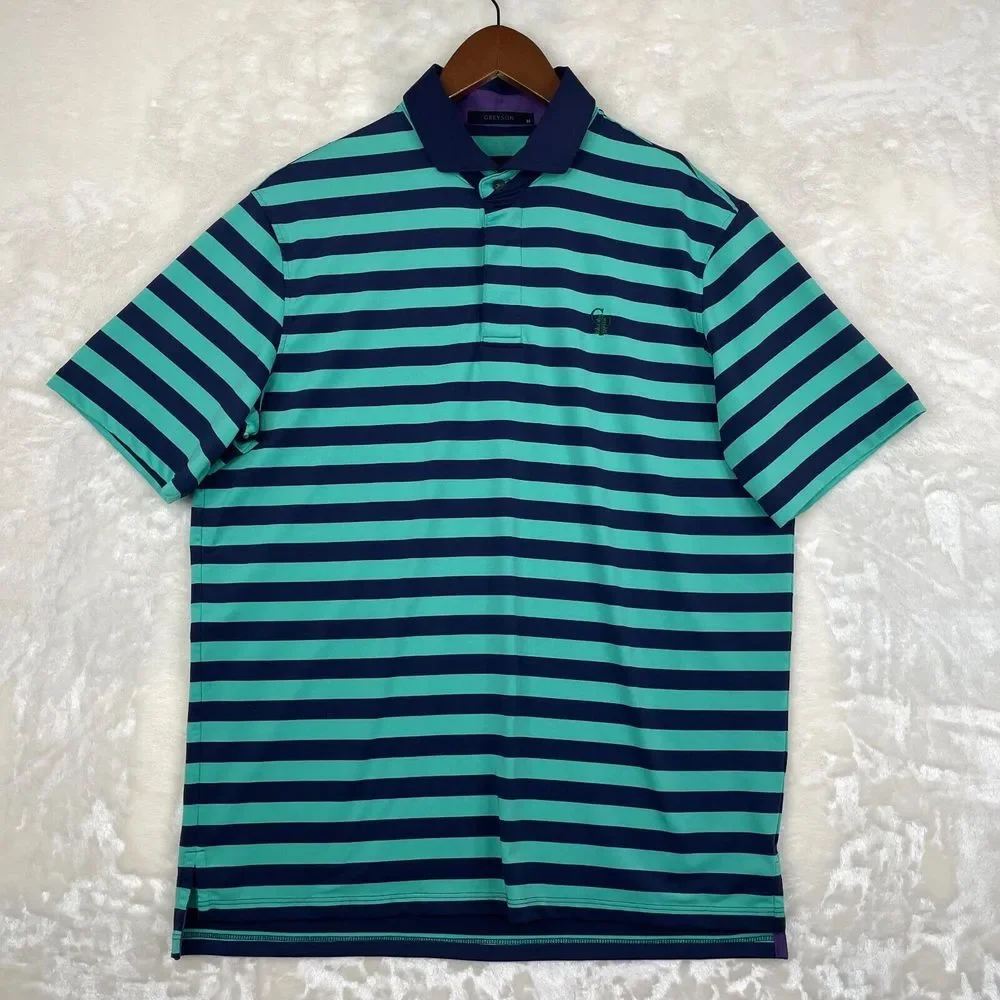 Greyson Polo Shirt Mens Medium Blue Green Striped Performance Stretch Golf * - Picture 1 of 13
